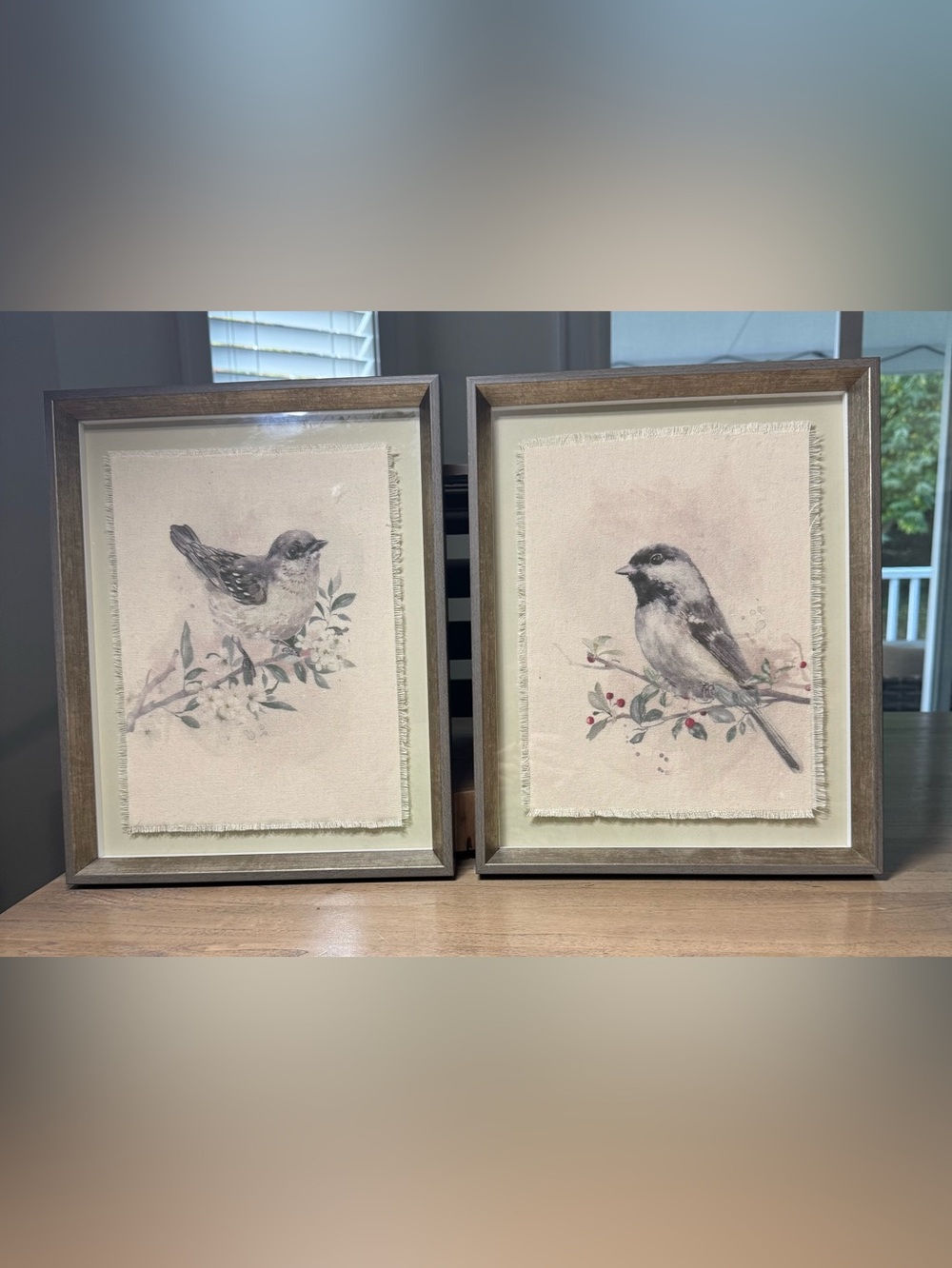 BlackCapoed Chickadee WaterColor Painting on Linen w/Frayed Edge, set of 2